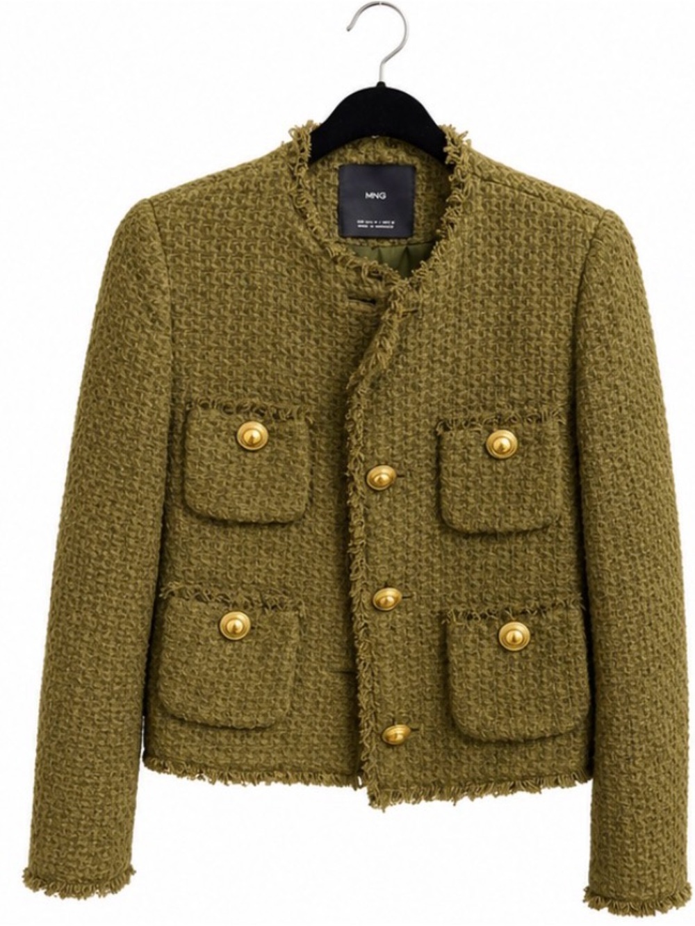 Mango Olive Bouclé Tweed Jacket with Gold Buttons